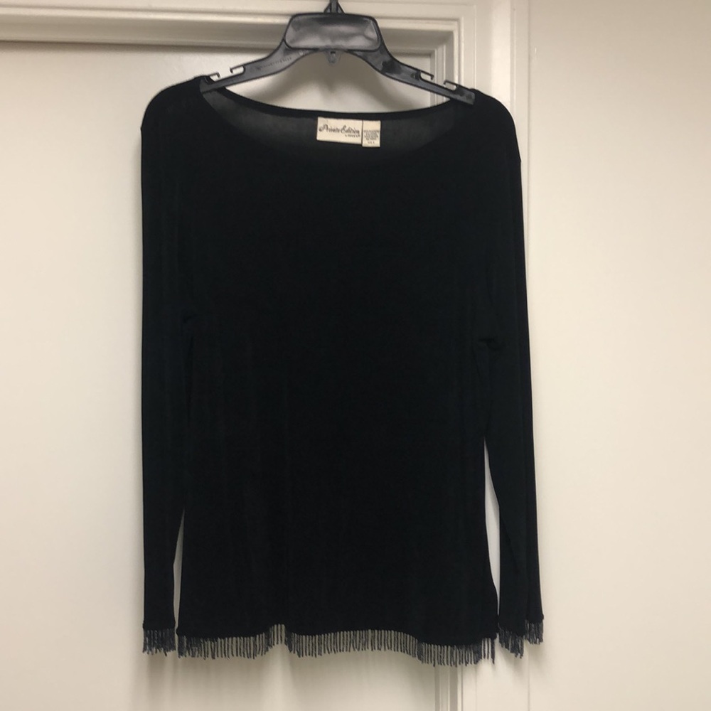Chicos Designer long sleeve black dress top with fringe beads, vintage, like new